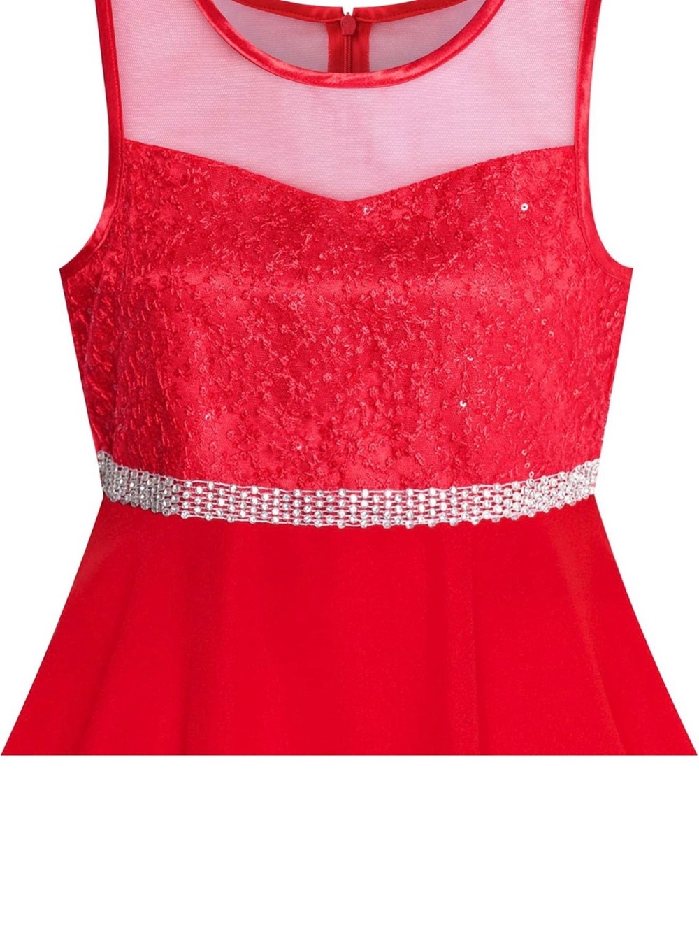 Girls' Red Lace Bodice A-Line Dress with Rhinestone Waist - Picture 4 of 6